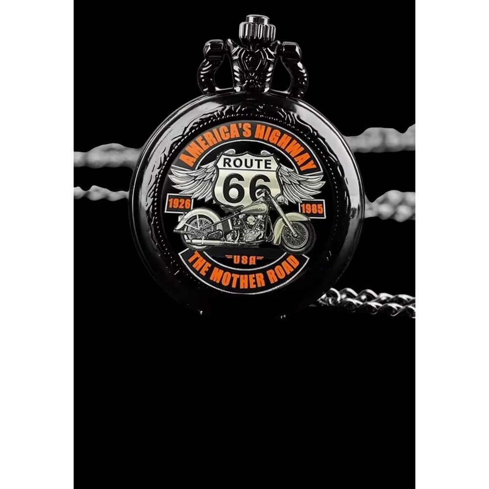 Route 66 Pocket Watch America's Highway Mother Road Black Quartz Motorcycle